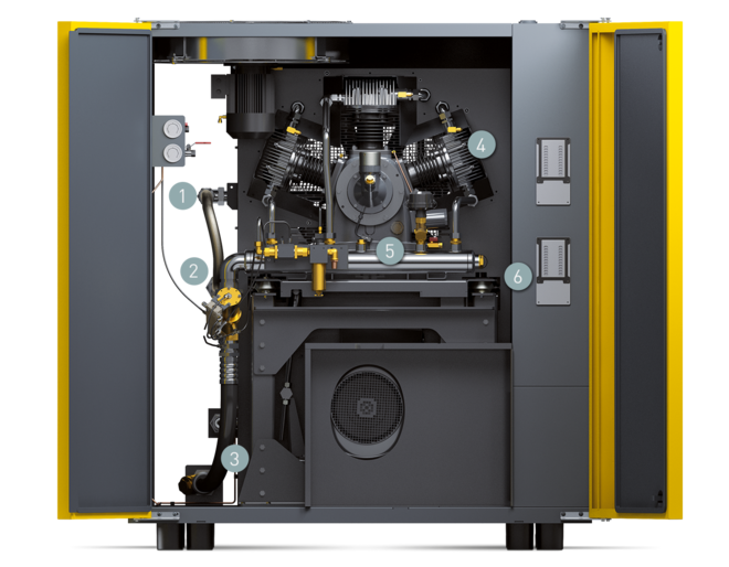 Kompaktin DN C -paineenkorotuskompressorin osat (edestä)