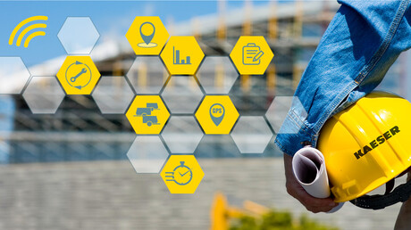 Kompressorin ilmoitusten ja tunnuslukujen (käyttötietojen näyttö) etävalvonta rakennustyömaalla.